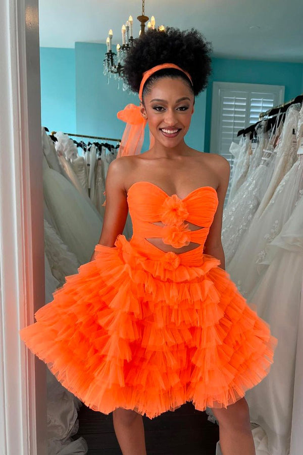 Koscy Orange Strapless Ruffle Tiered Tulle Short Homecoming Dress
