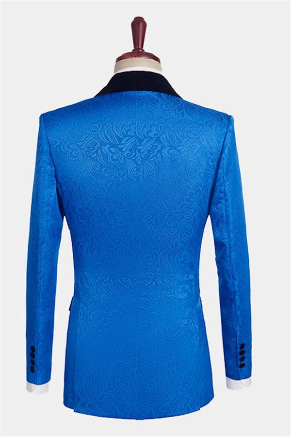 Koscy Royal Blue Floral Jacquard Wedding Suit - Three Pieces for Men