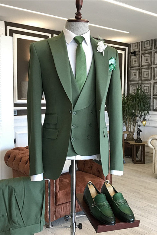 Koscy Classic Green Three-Piece Casual Suit with Peaked Lapel