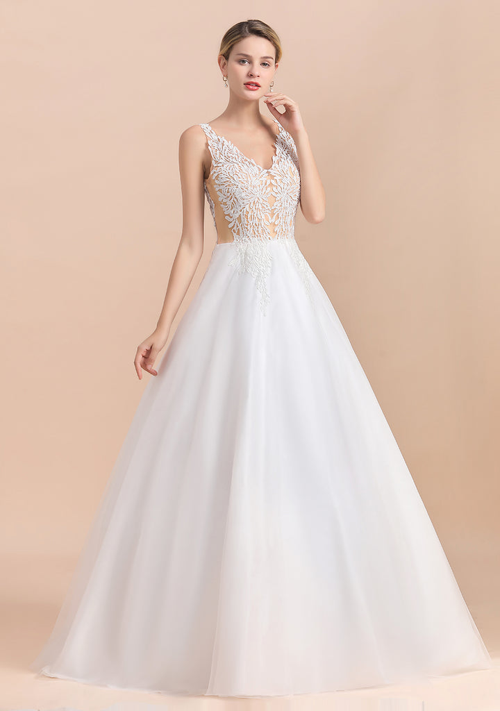 Bmbride Boho Wedding Dress with A-line Straps Tulle Appliques and V-Neck Lace