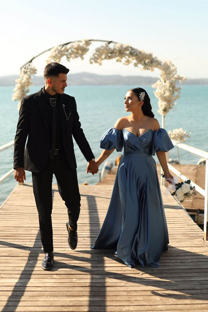 Off-The-Shoulder Puff Sleeves Evening Dress With Front Split in Dusty Blue