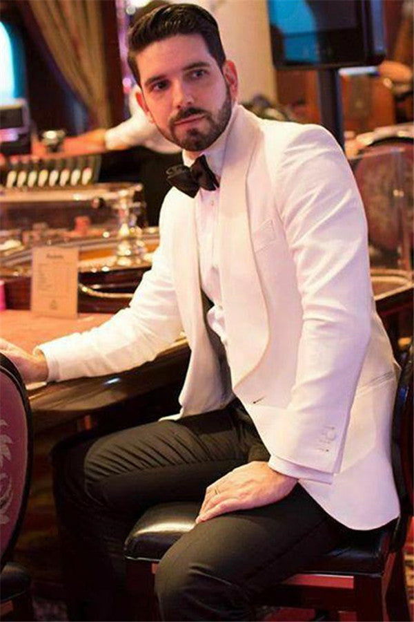 Koscy Chic White Shawl Lapel Men’s Wedding Suit with One Button
