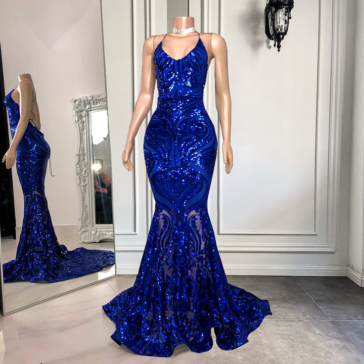 Mermaid Long Prom Dress With Sequins Royal Blue Spaghetti-Straps