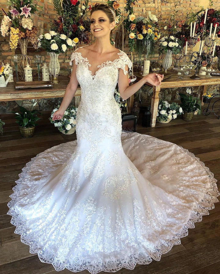Bmbride Long Mermaid Lace Wedding Dress with Cap Sleeves
