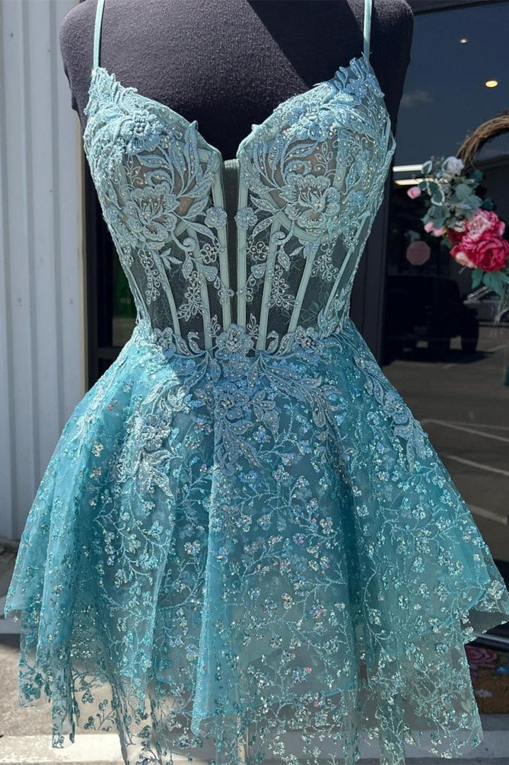 Koscy A-Line Spaghetti Straps Short Homecoming Dress with Appliques