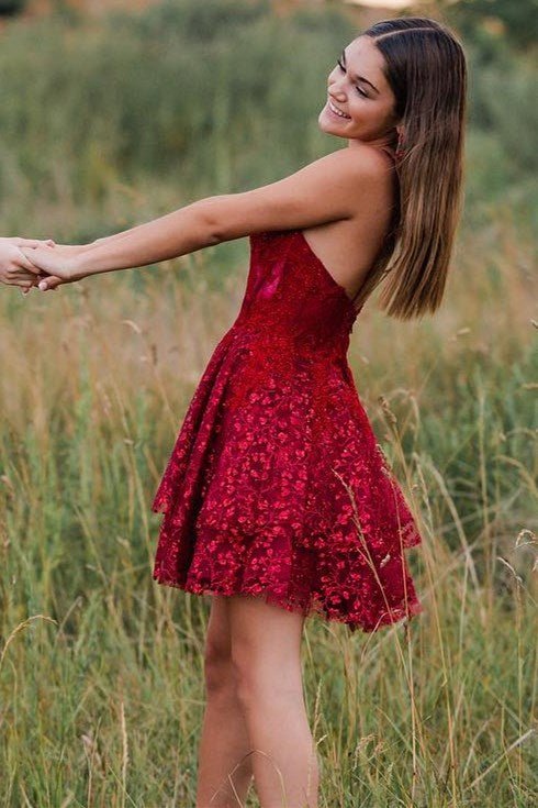 Koscy A-Line Spaghetti Straps Short Homecoming Dress with Appliques