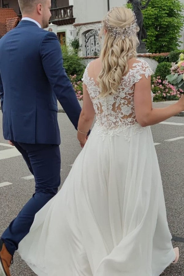 Bmbride Elegant A-line Chiffon Wedding Dress with Sleeveless Design and Appliques Lace