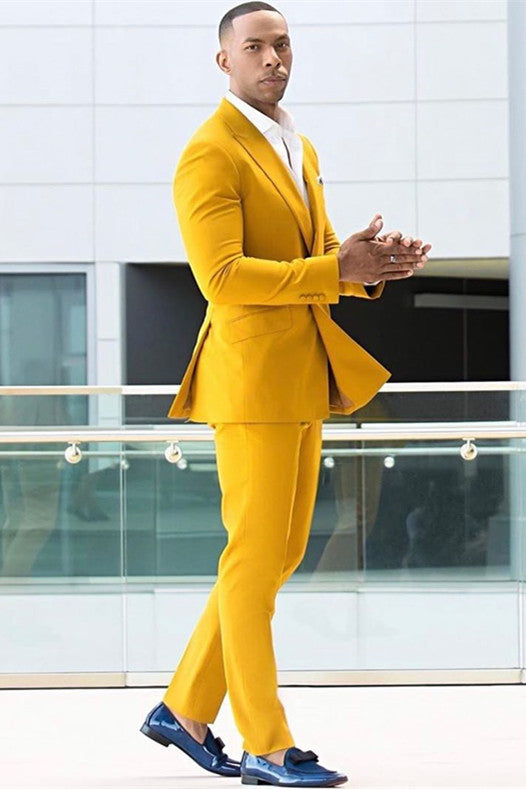 Koscy Shining Yellow Ring Bearer Suit with Peaked Lapel and Double-Breasted Design