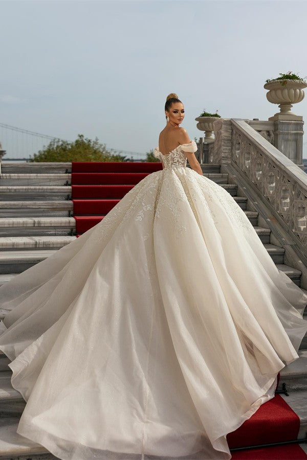 Bmbride Off the Shoulder Organza Lace Wedding Dress - Deluxe Long Ball Gown
