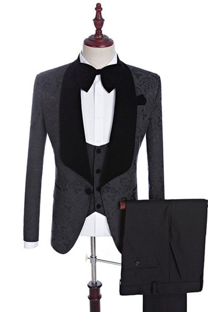 Koscy Xander Black Jacquard Three-Piece Shawl Lapel Wedding Suit for Men’s Events