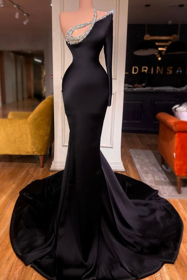 One Shoulder Black Mermaid Prom Dress with Beads