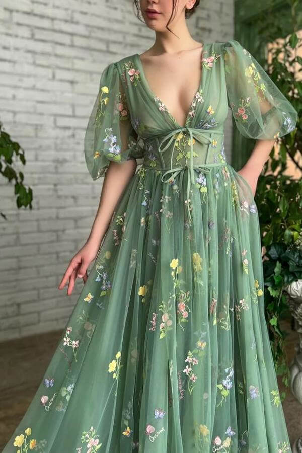 Deep V-Neck Half Sleeves Evening Dress with Embroidery Flowers and Tulle