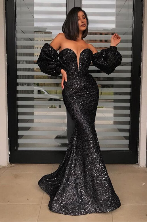 Detachable Sleeves Sequins Prom Dress - Black Sweetheart Mermaid
