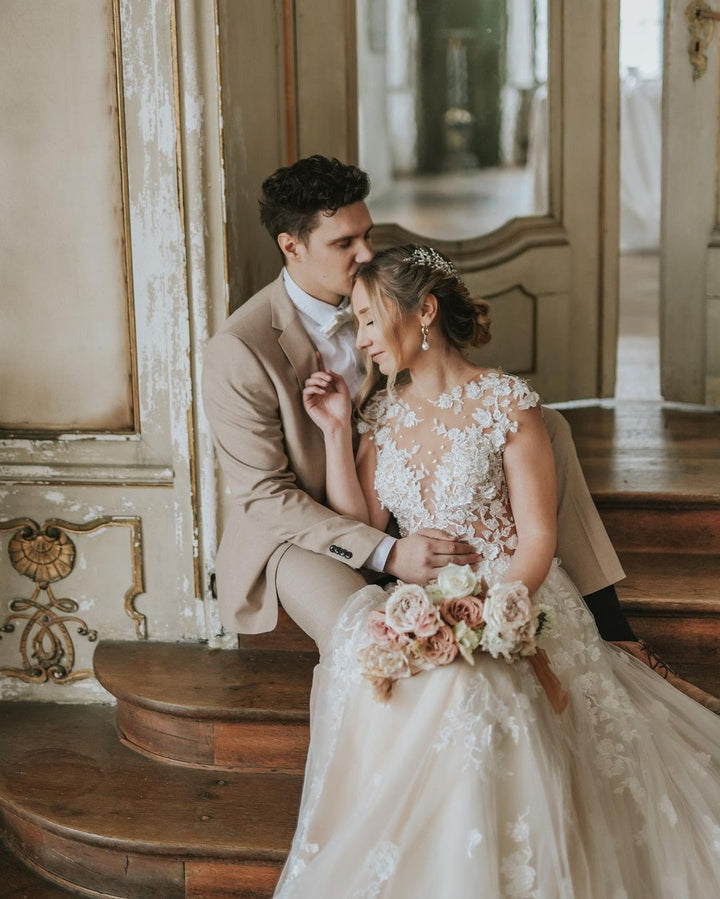 Bmbride Long A-line Boho Wedding Dress with Tulle and Lace Appliques