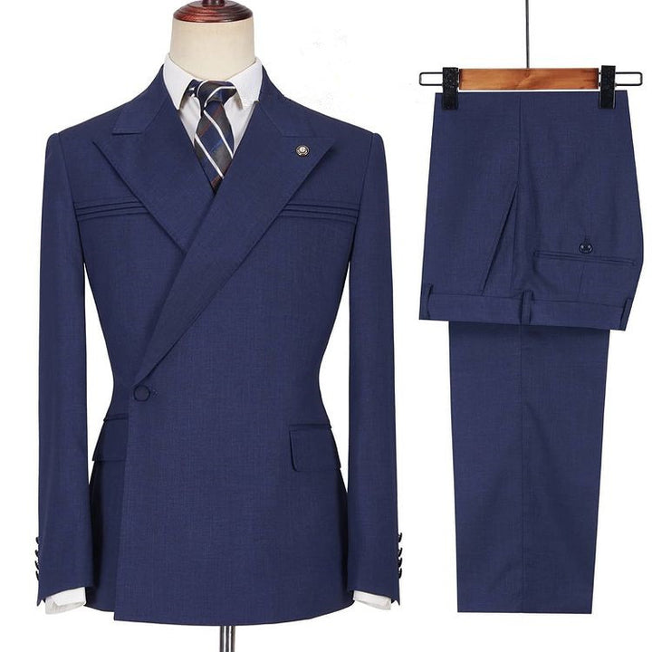 Koscy Popular Dark Navy Homecoming Evening Suit with Peaked Lapel and Ruffles