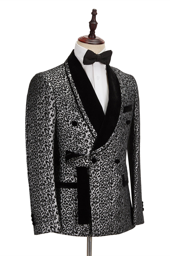 Koscy New Silver Leopard Double-Breasted Prom Suit with Jacquard Shawl Lapel for Men