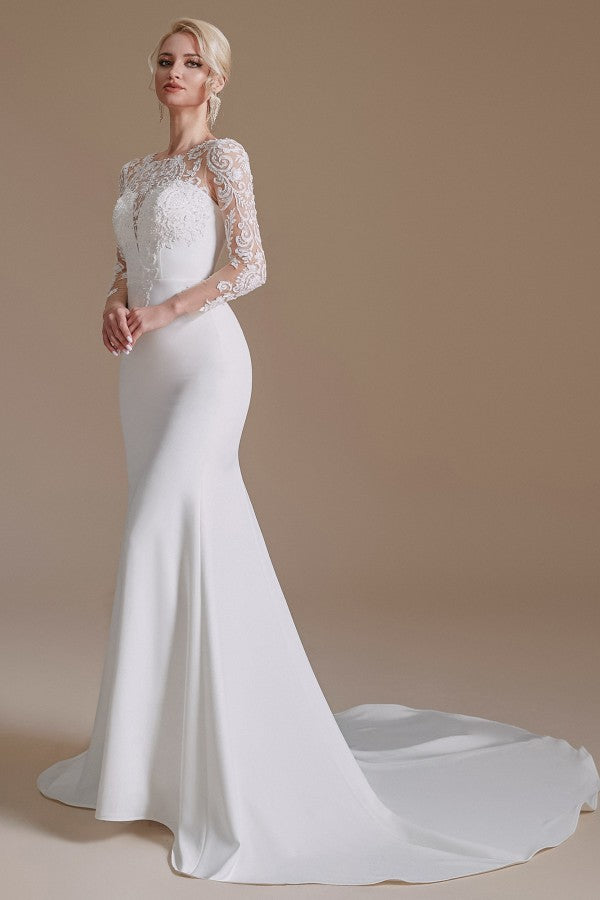Bmbride Long Elegant Mermaid Wedding Dress with Jewel Satin Lace Sleeves