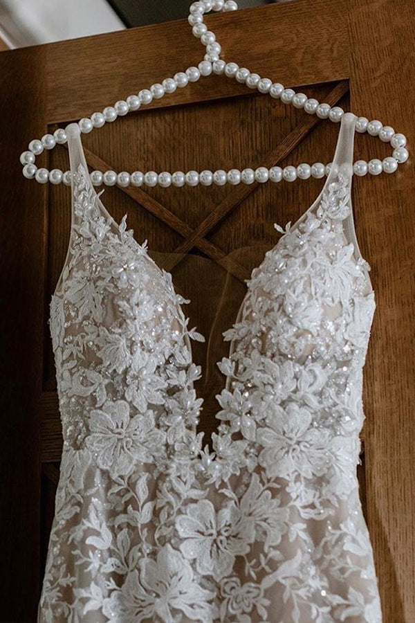 Bmbride Mermaid Spaghetti Straps Lace V-neck Jewel Wedding Dress