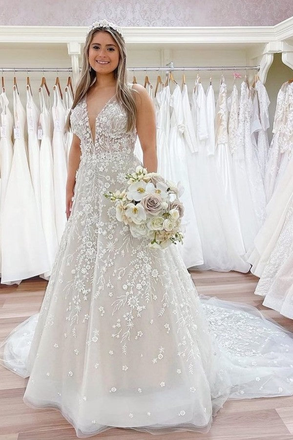 Bmbride Luxurious Long A-line V-neck Wedding Dresses with Open Back Lace and Appliques
