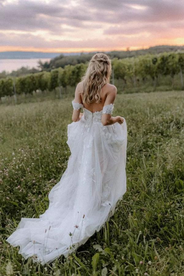 Bmbride Long A-line off the shoulder Tulle Floral Lace Wedding Dress