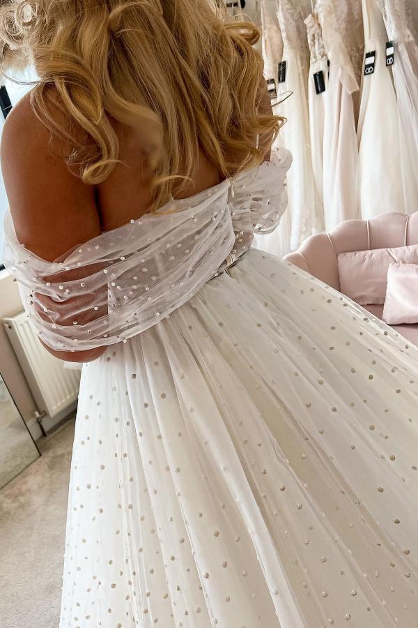 Bmbride Elegant Long A-line Off the Shoulder Tulle Wedding Dress White Bridal Gowns