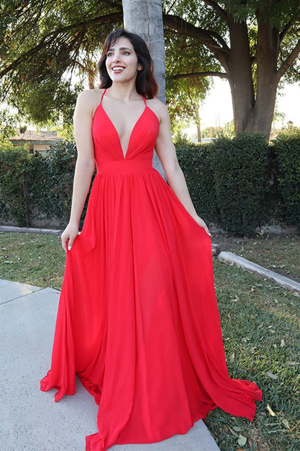 Halter V-Neck Evening Dress in Red