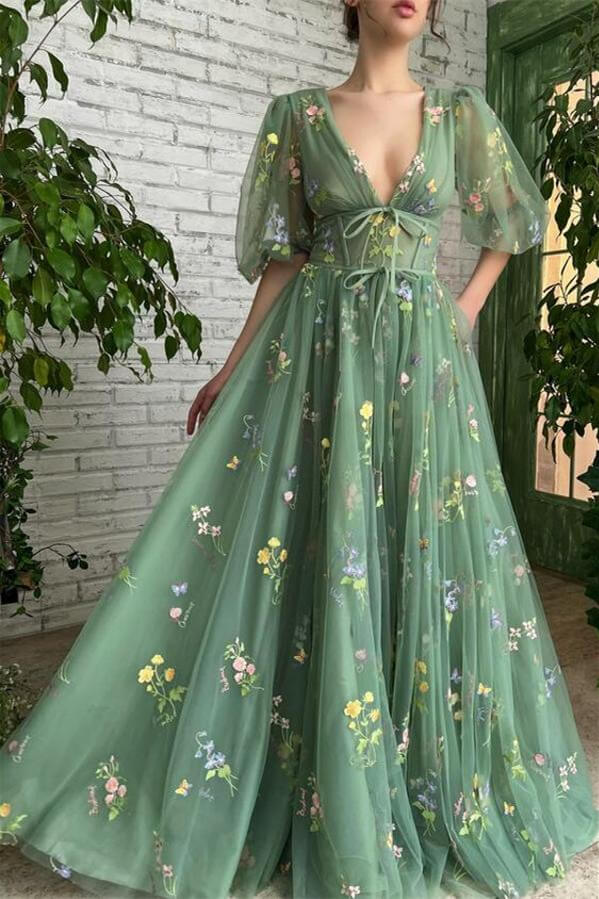 Deep V-Neck Half Sleeves Evening Dress with Embroidery Flowers and Tulle