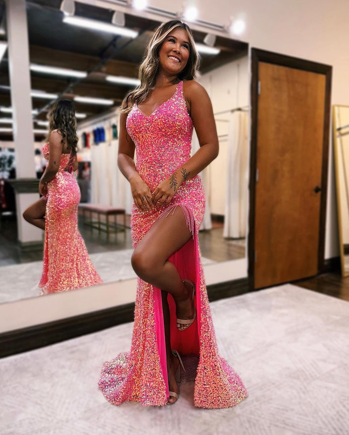 Prom Dress: Sparkling Purple Sequin Sleeveless with Slit and Spaghetti Strap