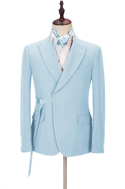 Koscy Gorgeous Sky Blue Wedding Suit with Peaked Lapel and Adjustable Buckle