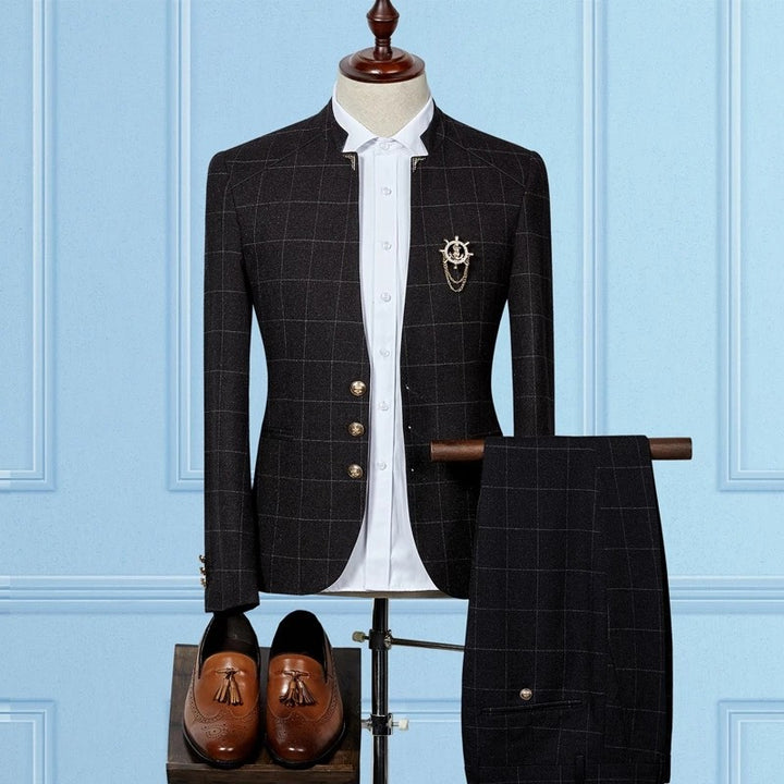 Koscy Classic Two-Piece Wedding Suit for Groom and Groomsmen with Black Plaid