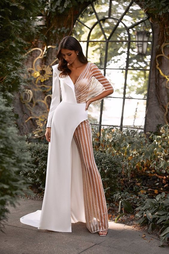 Koscy White Asymmetric V-Neck Jumpsuit Distinctive Women's Party Jump Suit