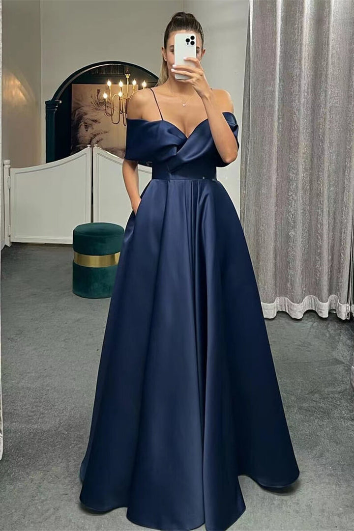 Off-the-Shoulder A-Line Lace-Up Back Long Evening Dress with Spaghetti Straps