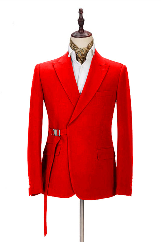 Koscy Popular Slim Fit Bright Red Peak Lapel Summer Wedding Suit with Buckle Button