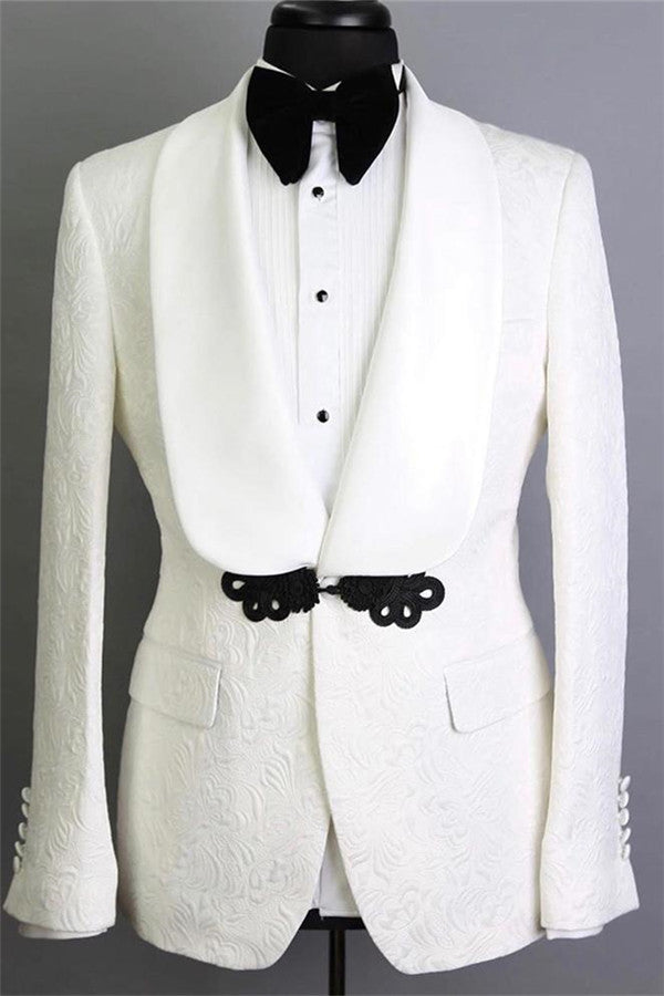 Koscy White Shawl Lapel Jacquard Reception Suit - Two Pieces for Groom