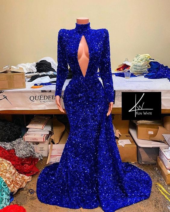 Sequined Royal Blue High Neck Long Sleeves Mermaid Prom Dress