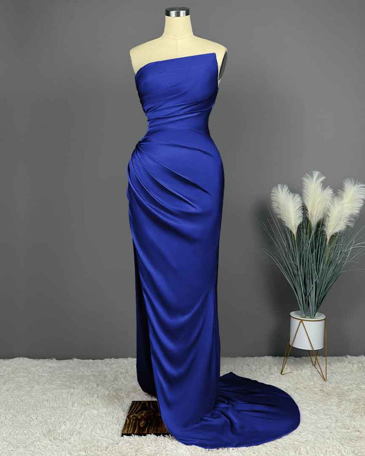 Okdais Prom Dress - Blue Sleeveless Charmeuse with High Slit Pleated