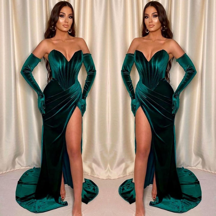 Green Front Split Mermaid V-Neck Evening Dress With Sleeveless