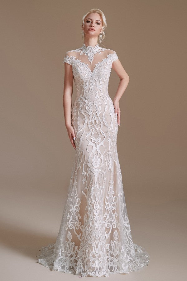 Bmbride Long Sleeve Vintage Lace High-neck Mermaid Wedding Dress