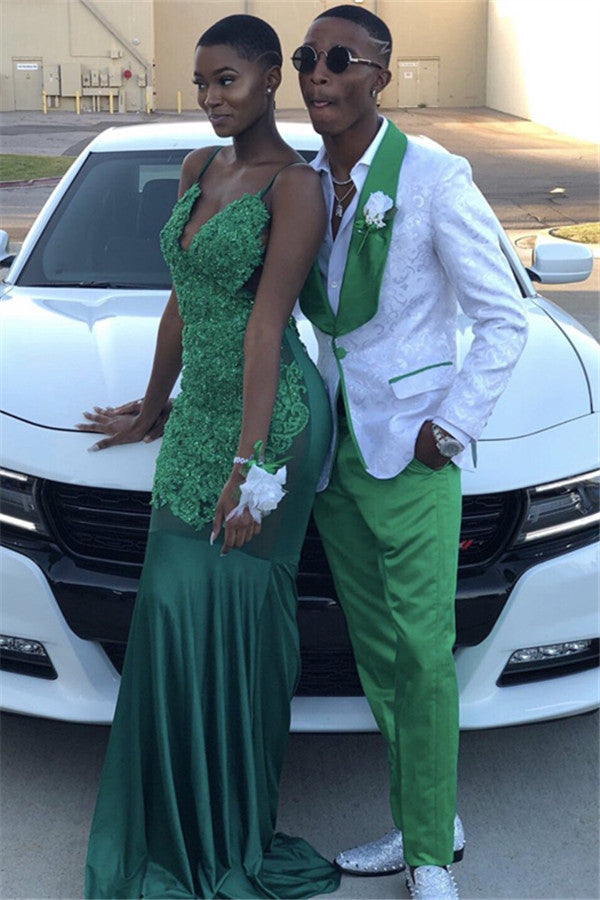 Koscy Elegant One-Button Green Lapel Custom Wedding Suit with White Jacquard