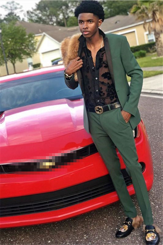 Koscy Two-Piece Dark Green Business Suit with Black Silk Shawl