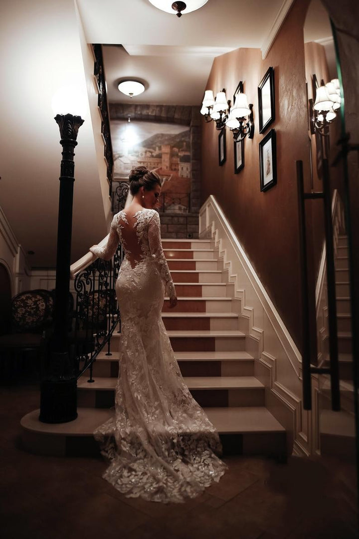 Bmbride Long Sleeve High Neck Appliques Lace Backless Mermaid Wedding Dress