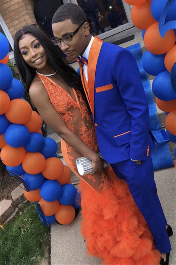 Koscy Handsome Royal Blue Beach Wedding Suit with Orange Lapel for Groom