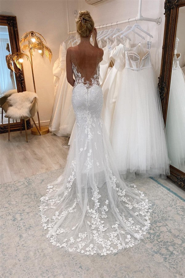 Bmbride Floor Length Chapel Train V-neck Mermaid Wedding Dress