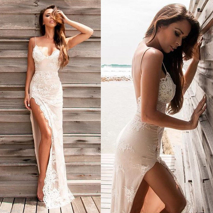 Spaghetti-Strap Evening Dress With Lace and Slit