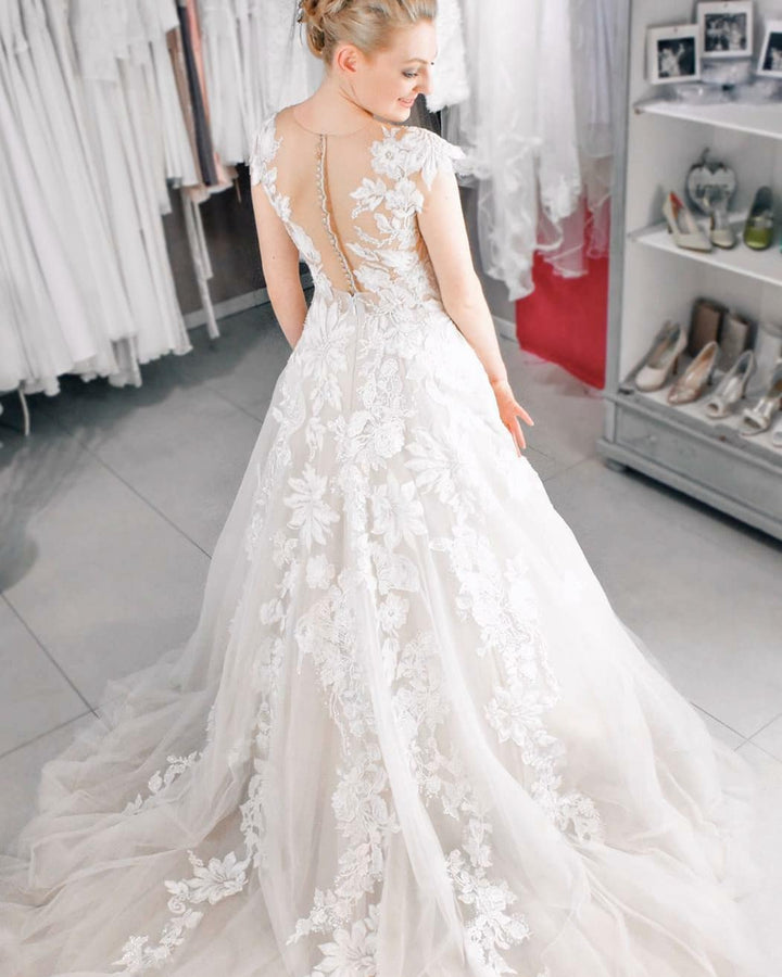 Bmbride A-Line Bateau Appliques Lace Pearl Floor-length Tulle Wedding Dress
