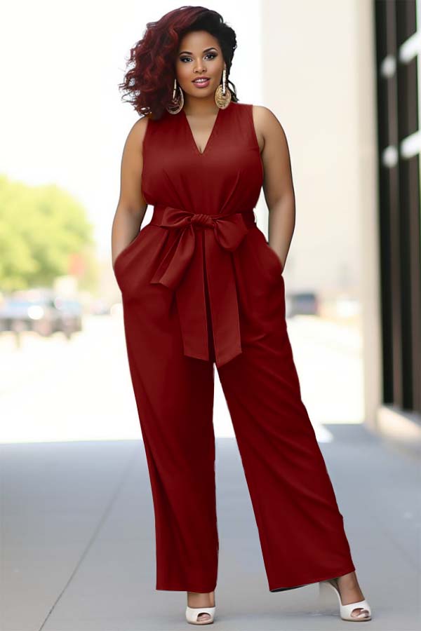 Koscy Pool Blue V-Neck Sleeveless Jump Suit With Bow Belt