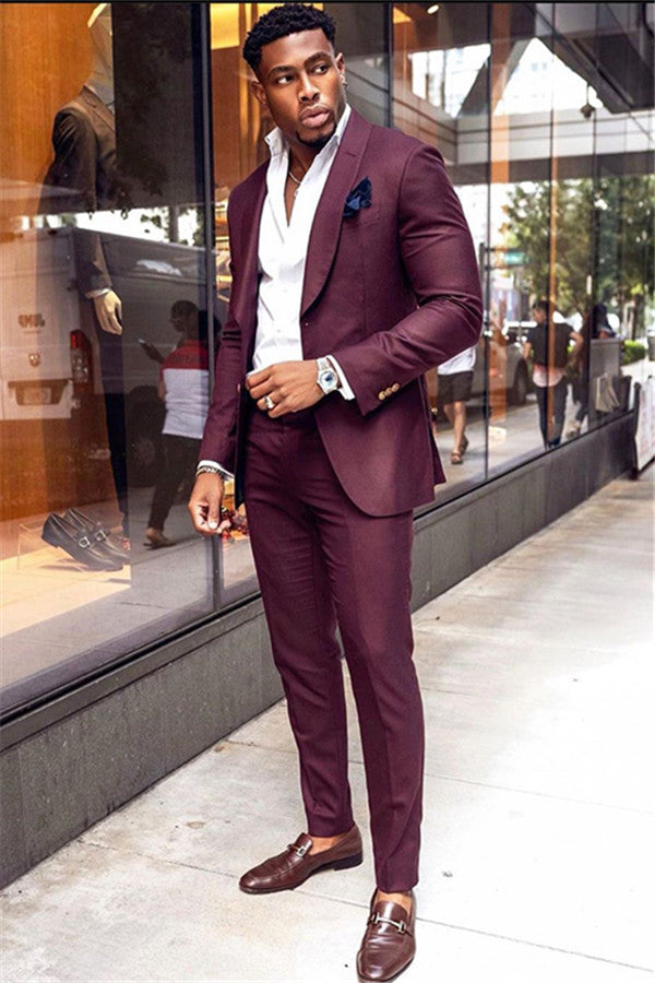 Koscy Burgundy Business Prom Suit - 2 Pieces with Shawl Lapel