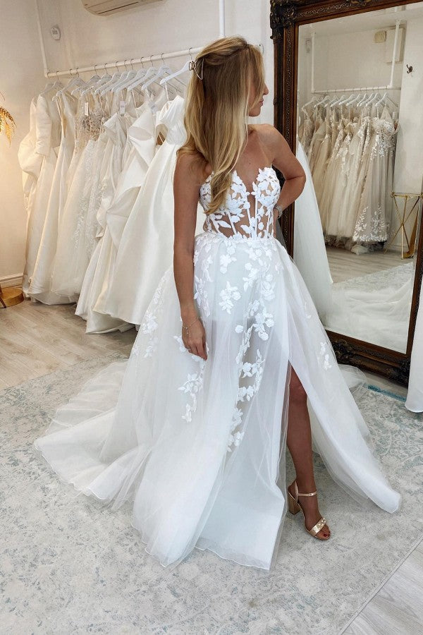 Bmbride White Long A-line Sweetheart Tulle Lace Wedding Dress with Slit