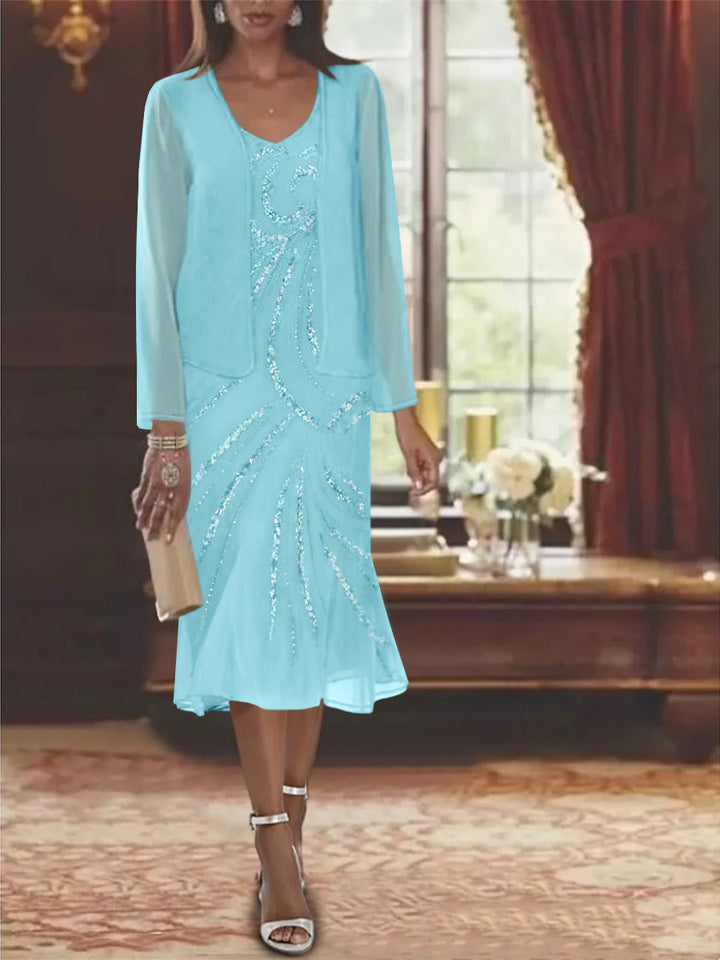 2-Piece V-Neck Chiffon Mother of the Bride Dress Set with Knee-Length Jacket and 2-Piece V-Neck Chiffon Mother of the Bride Dress Set with Knee-Length Jacket and