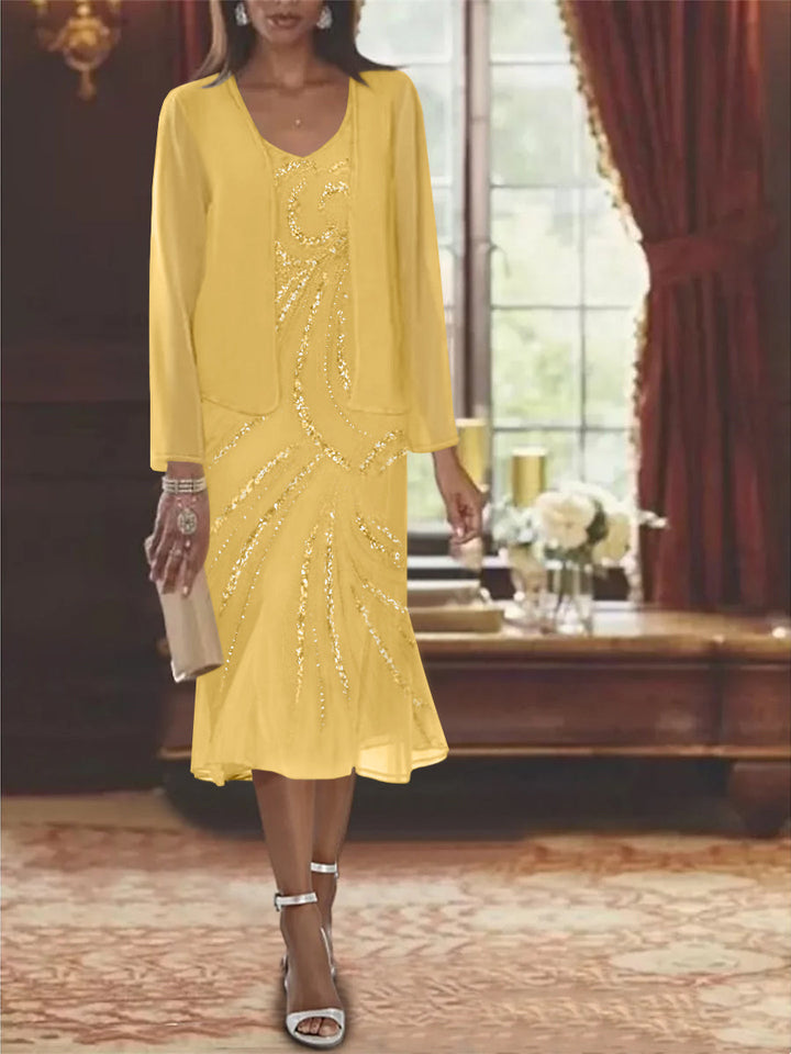 2-Piece V-Neck Chiffon Mother of the Bride Dress Set with Knee-Length  Jacket and